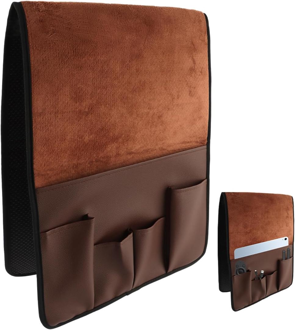 Anti-Slip PU Leather Velvet Sofa Couch Chair Armrest Soft Caddy Organizer Holder with 5 Pockets for Phone, Book, Magazines, TV Remote Control - Draped Over Sofa, Couch, Recliner Armrest (Brown)