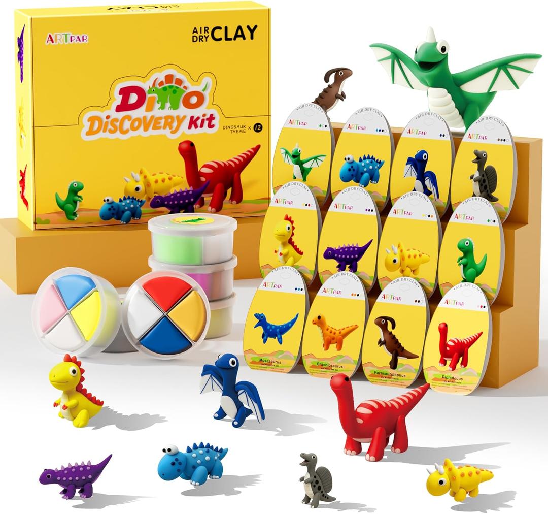 ARTPAR Air Dry Clay Kits,Dinosaur Modeling Magic Clay for Kids,12 Box Dinos DIY Art Crafts Kit,Safe & Non-Stick with Sculpting Tools & Tutorials, Family Party Favors for Boys & Girls Age 3-12 Year