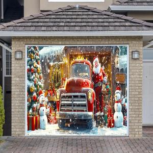 Christmas Garage Door Cover Banner Decorations, Merry Christmas Santa Claus Snowman Winter Holiday Front Outdoor Car Garage Door Murals Buddy Decorations Backdrops Party Wall Decor Single 8 X 7 Ft