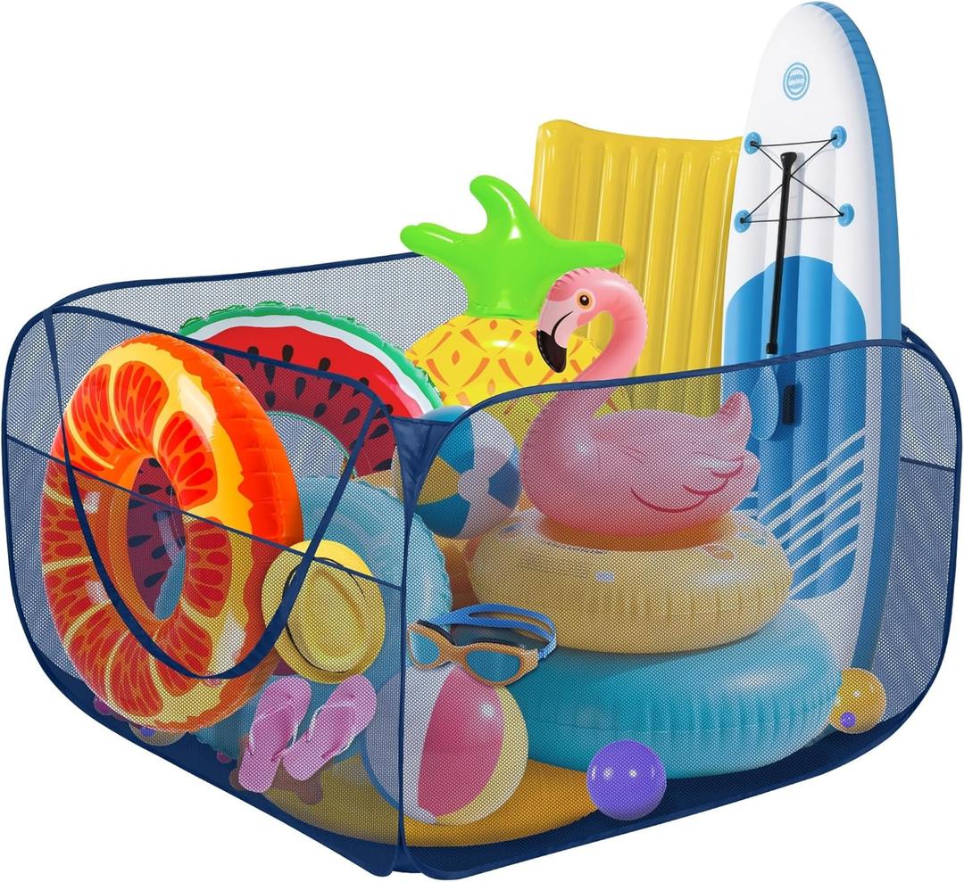 Pop-up Pool Toy Storage Bin 47 x 47 x 31 Inch Mesh Pool Organizer Bag with 2 Side Pockets for Inflatable Toys, Floats, Beach Balls,Towels and Other Swimming Accessories