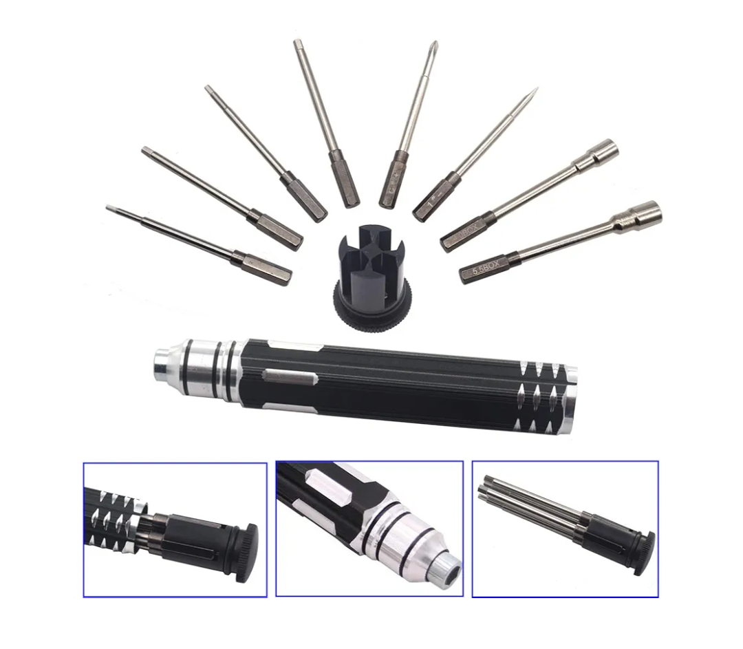 ShareGoo 8 in 1 Screwdriver Set Kit - Hex Nut Key Socket Repair Tool for RC Helicopter, Airplane, Drone, Car - H1.5, 2.0, 2.5, 3.0mm Hex, 4.0, 5.5mm Spanner Box, 0#, 1# Slot Screw Driver