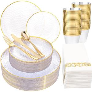 Rubtlamp 175 Pcs Plastic Dinnerware Set (25 Guests), Clear And Gold Plastic Plates, Hammered Party Plates Include Dinner Platos, Dessert Platos, Cups, Gold Cutlery Set And Napkins for Party