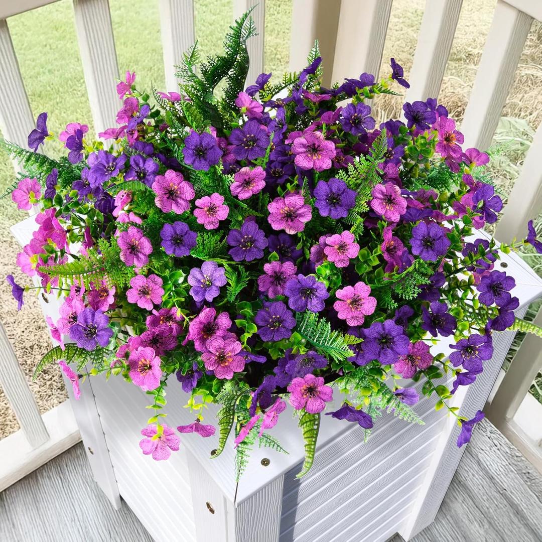 Artificial Flowers for Outdoors, 12 Bundles Multicolor Silk Fake Flower with Ferns for Spring Summer Decoration, UV Resistant Artificial Outdoor Faux Plants for Home Planter Porch Patio Yard Decor (Light/Deep Purple and Fern)