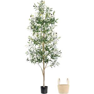 Faux Olive Tree 6FT, Artificial Potted Tree with Planter, Silk Plants Indoor Outdoor, Lifelike Olive Plants with Natural Wood Trunk, Fruits and Buds, Home Office Decor, 1 Pack