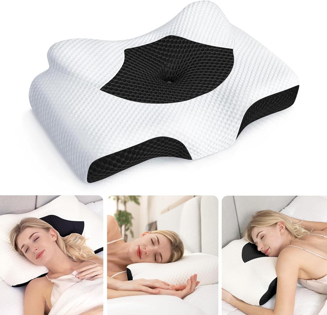 Osteo Cervical Pillow for Neck Pain Relief, Hollow Design Odorless Memory Foam Pillows with Cooling Case, Adjustable Orthopedic Bed Pillow for Sleeping, Support for Side Back Sleepers (Standard High(24.5*16.5*5.2/4.1 inches), Black)