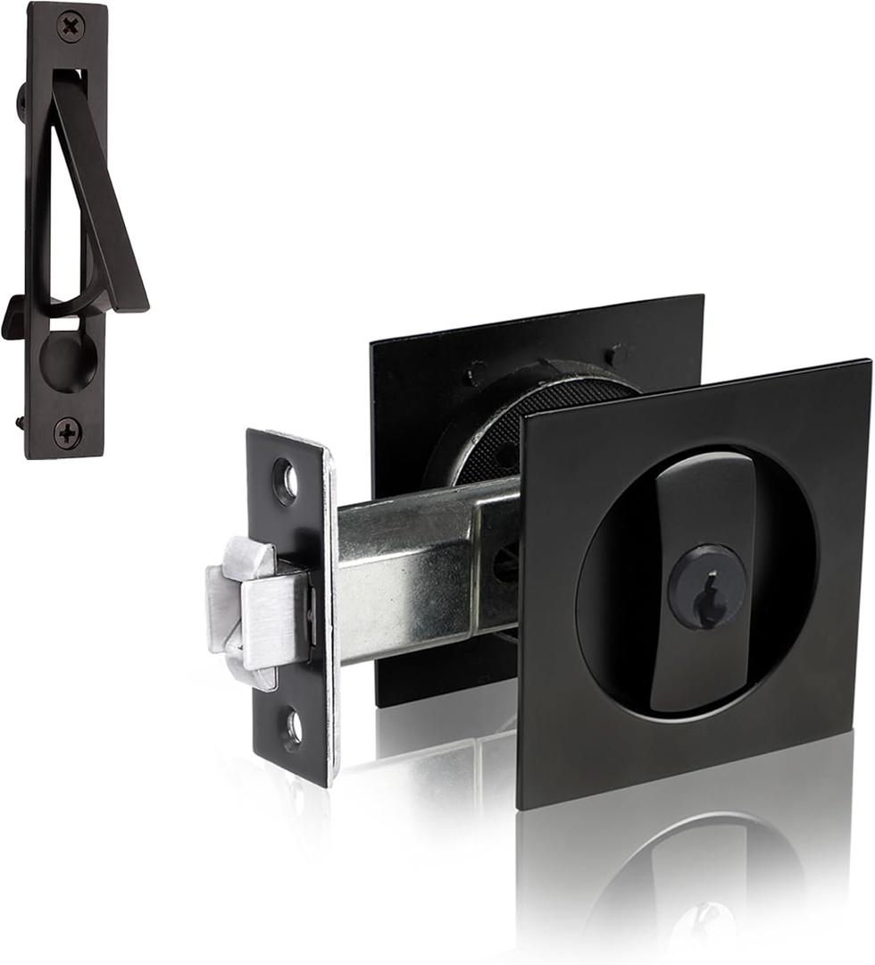 Dontay Pocket Door Lock with Key, Contemporary Entrance Sliding Barn Door Lock Latch, Recessed 2 Sided, 2 3/8" Backset, Flush Handles Hardware (Including Edge Pull, Matte Black, Square - 1 Pack)
