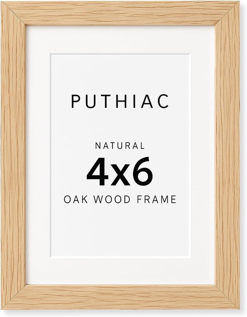 puthiac 4x6 Solid Oak Wood Picture Frame, Fits 3x5 with Mat or 4x6 Without Mat, Wall or Tabletop Display with Stand, Vertical or Horizontal, Plexi Front, 1 Pack, Natural Oak