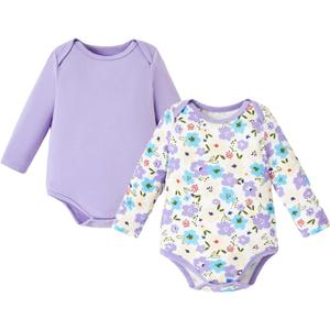 PATPAT Baby Bodysuits - Soft Viscose Made from Bamboo - Long Sleeve Funny for Boys and Girls -Newborn Infant Toddler Clothes (6-9 Months, Purple Flower)