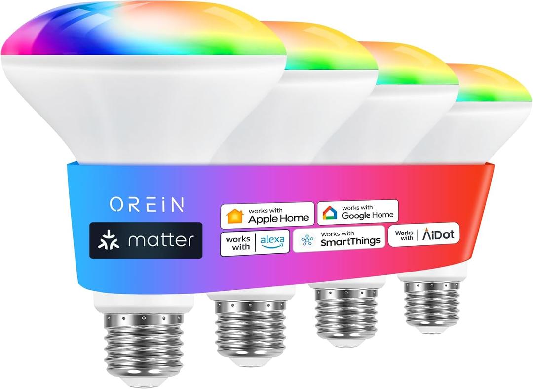 OREiN Matter Smart Light Bulb, BR30 Smart Light Bulbs 650LM 60W, Recessed Color Changing Bulbs RGBTW, Smart Flood Light Bulb Compatible with Alexa, Apple Home, Google Home, SmartThings, 4Pack