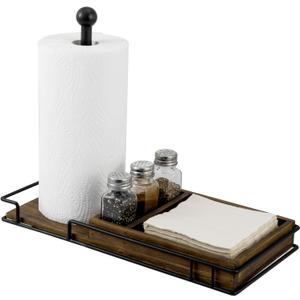MyGift Paper Towel Holder with Napkin Holder and 3 Spice Shakers, Rustic Burnt Solid Wood and Industrial Matte Black Metal Paper Towel Roll Dispenser, Farmhouse Kitchen Stoage