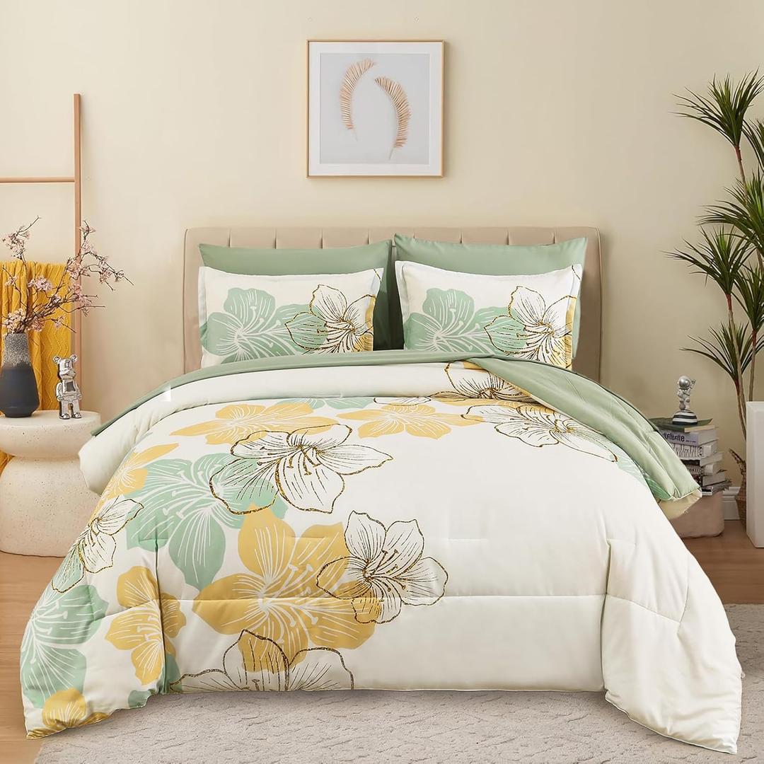 Luxudecor Sage Green Floral Comforter Set King Size, 7 Pieces Bed in a Bag Gold Glitter Metallic Comforter and Sheet Set, Soft Microfiber Complete Bedding Sets for All Seasons