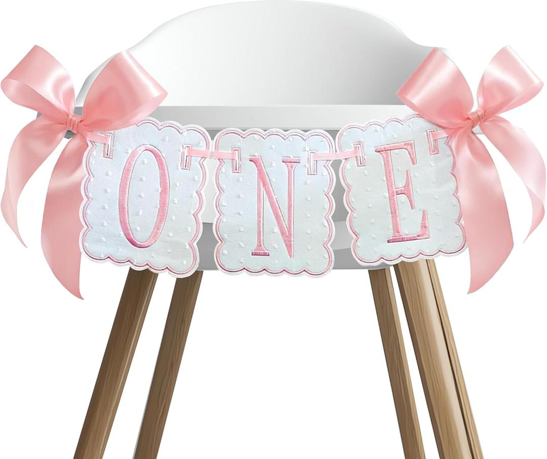 Pink and White Bow First Birthday High Chair Banner Pink Bow One High Chair Garland for Girls Sweet One Party Supplies Photo Prop