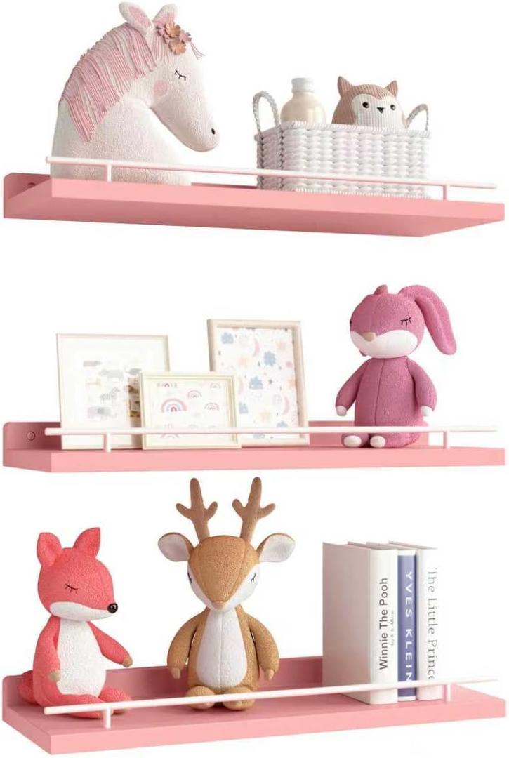 WOPITUES Floating Shelves with Metal Guardrail, Shelves for Wall Decor Set of 3, Wall Shelves for Bedroom, Bathroom, Kitchen, Living Room, Plants, Picture Frames, Art-Pink (15.7 inch)