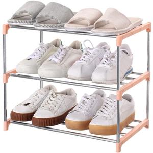 Stackable Small Shoe Rack, Entryway, Hallway and Closet Space Saving Storage and Organization (3-Tier, Pink)