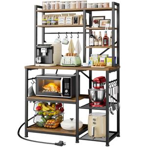 Kitsure Baker's Rack with Power Outlet - Storage Rack with Kitchen Shelves and 12 Hooks, Versatile Coffee Bar and Microwave Stand for Appliances, Pantry, Home Organization,Brown, 38.0" x 15.5" x 67.0"