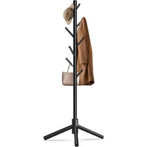 Unisakey Durable Wooden Coat Rack, Freestanding Coat Rack with Stable Triangular Base, 8 Hooks & 3 Adjustable Heights, Simple Assembly for Bedroom, Hallway, Office(New Black)