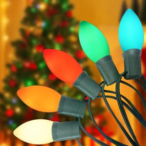 C9 LED Christmas String Lights 25FT, Vintage String Lights with 27 C9 Multicolor Ceramic LED Bulbs, Outdoor Hanging Christmas Lights for Xmas Tree Patio Party Roofline Decor - Green Wire