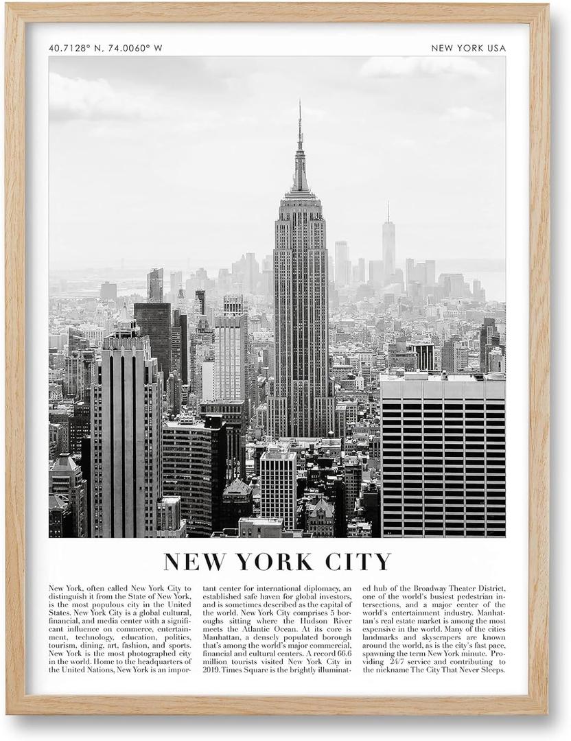HesenDot New York Natural OAK Wood Framed City Wall Art,12x16in City Skyline Canvas Wall Print Poster,Black and White Modern Urban Landmark Wall Decor for Living Room Bedroom Office Gallery,Set of 1