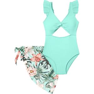 Girls One Piece Swimsuit Cut Out Ruffle Bathing Suit Twist V Neck Swimwear Solid Color with Cover Up Skirt 9-16T
