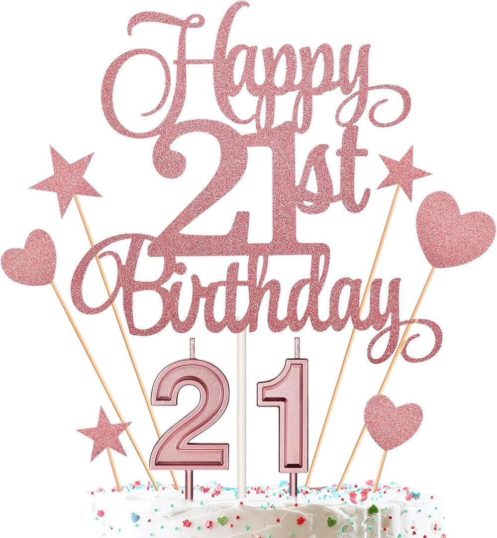 21st Birthday Cake Decorations Set Include 21st Birthday Candles Numeral 21 Cake Candles and Happy 21st Birthday Cake Toppers with Heart Star Cupcake Picks for Birthday Party (Rose Gold Series)