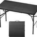 4Ft Folding Table Portable Folding Tables Heavy Duty 400 lbs Capacity, Wood Grain Tabletop for Working Meeting Parties, Picnic, Camping, Weddings, Garden Dining-Black (4FT)