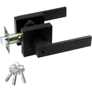 JO.KO Entry Door Lock Set, Square Door Lever for Bedroom, Passage Door Privacy Locking Interior/Exterior Entry Door Knob/Heavy Duty (1 Pack, Matte Black)