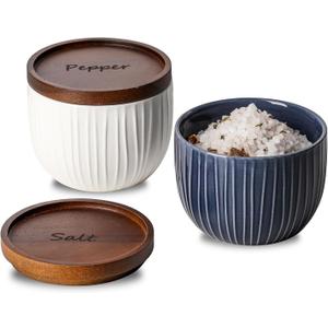 Ceramic Salt and Pepper Bowls: 10 oz Stackable Spice Cellar with Wooden Lid - Stacked Seasoning Storage Containers for Kitchen Countertop - Navy & White, Set of 2