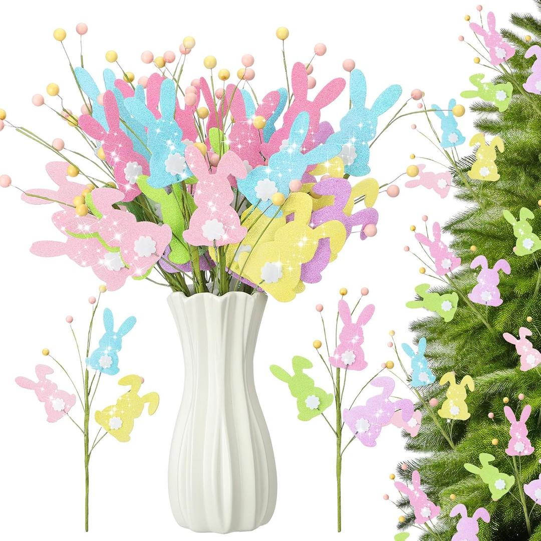 Suncalla 12 Pcs Easter Picks Decoration Glitter Easter Bunny Tree Topper Picks 15 Inch Colorful Bunny Decorative Tree Ornaments for Home Floral Arrangement Wreath Party Decor