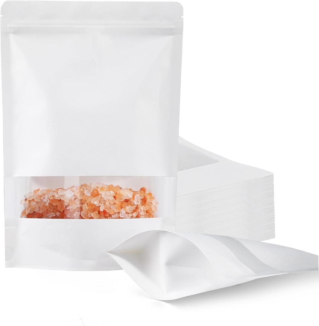 FireKylin 100 Pcs White Paper Bags with Window, 7.9" x 11.8" Stand Up Pouches Bags, Zipper Food Storage Bags for Packaging Products, Reusable, Sealable