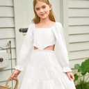 Haloumoning Girls Dresses Long Sleeve Square Neck Crossover Waist Casual A-Line Spring Fall Dress 5-14Y