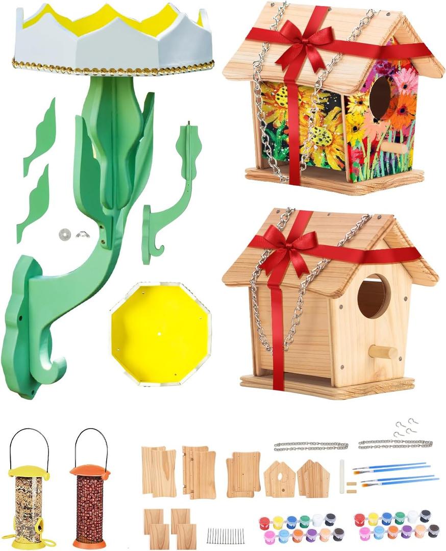 XLarge Gift Pack Bird Houses+Feeders Kit for Kids and Adults Family Garden Birding Woodworking Project,2 DIY Birdhouses + Large Flower + Peanut + Tube Meet Whole Family Birding Expectations