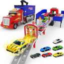 Carrier Truck Race Track Toys, Truck Toys for 3, 4, 5, 6, 7, 8 Years Old Kids, Foldable Transport Truck Toys Car with Lights & Sounds, 6 Metal Cars, Birthday Gifts for Toddler Boys Girls