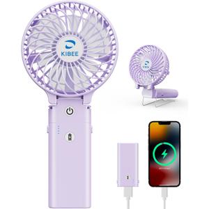 KIBEE Portable Handheld Fan, 5200mAh Rechargeable Mini Fan with Up to 20H Runtime, 180° Foldable Personal Fan, 3 Speeds, Desk Stand, Travel Essentials for Women, Concerts, Makeup, Camping, Purple