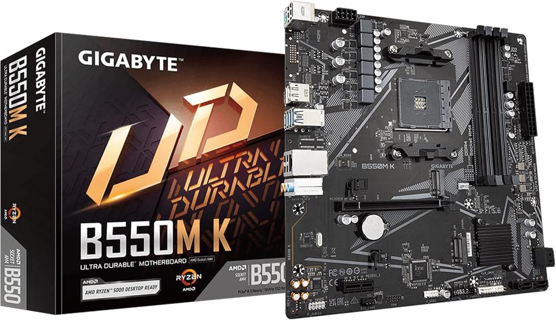 GIGABYTE B550M K Motherboard, Supports AMD AM4 Ryzen 5000 Processors, Micro-ATX, DDR4, Dual M.2, SATA 6Gb/s, Realtek GbE LAN, PCIe 4.0