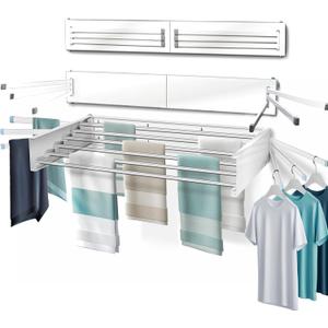 MODERN-X Wall Mounted Clothes Drying Rack with 6 Swivel arms, 35Wide, 26 Linear ft of Laundry Drying Rack Space, 6 Collapsible Aluminum rods, 2X Drying Capacity, Space Organizer Holds up to 60lbs
