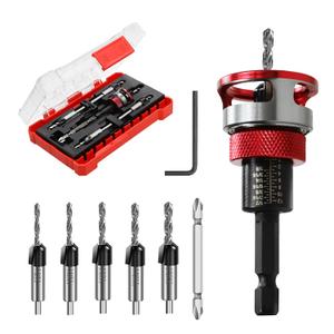 7-Piece Countersink Drill Bit Set with Aluminum Alloy Stop Collar, a Screwdriver Bit, 5 HSS M2 Tapered Bits and a Wrench, 1/4" Hex Shank Countersink Drill Bit for Woodworking
