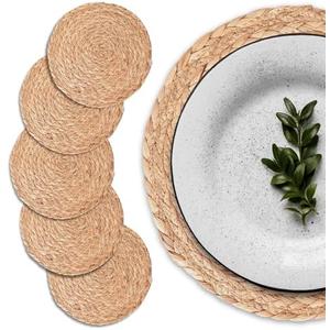 UNIGREEN Woven Placemats Set of 6, Round Rattan Placemats, Natural Hand-Woven Water Hyacinth Placemats, Farmhouse Weave Place Mats (Dia12' - Water Hyacinth)
