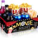 Snack Tray with Handles and 4 Compartments for Theater Popcorn Bucket Bowl Box Reusable Wooden Gift Basket Organizer Holder for Family Theater Room Decor(Black, Red,Classic Style)