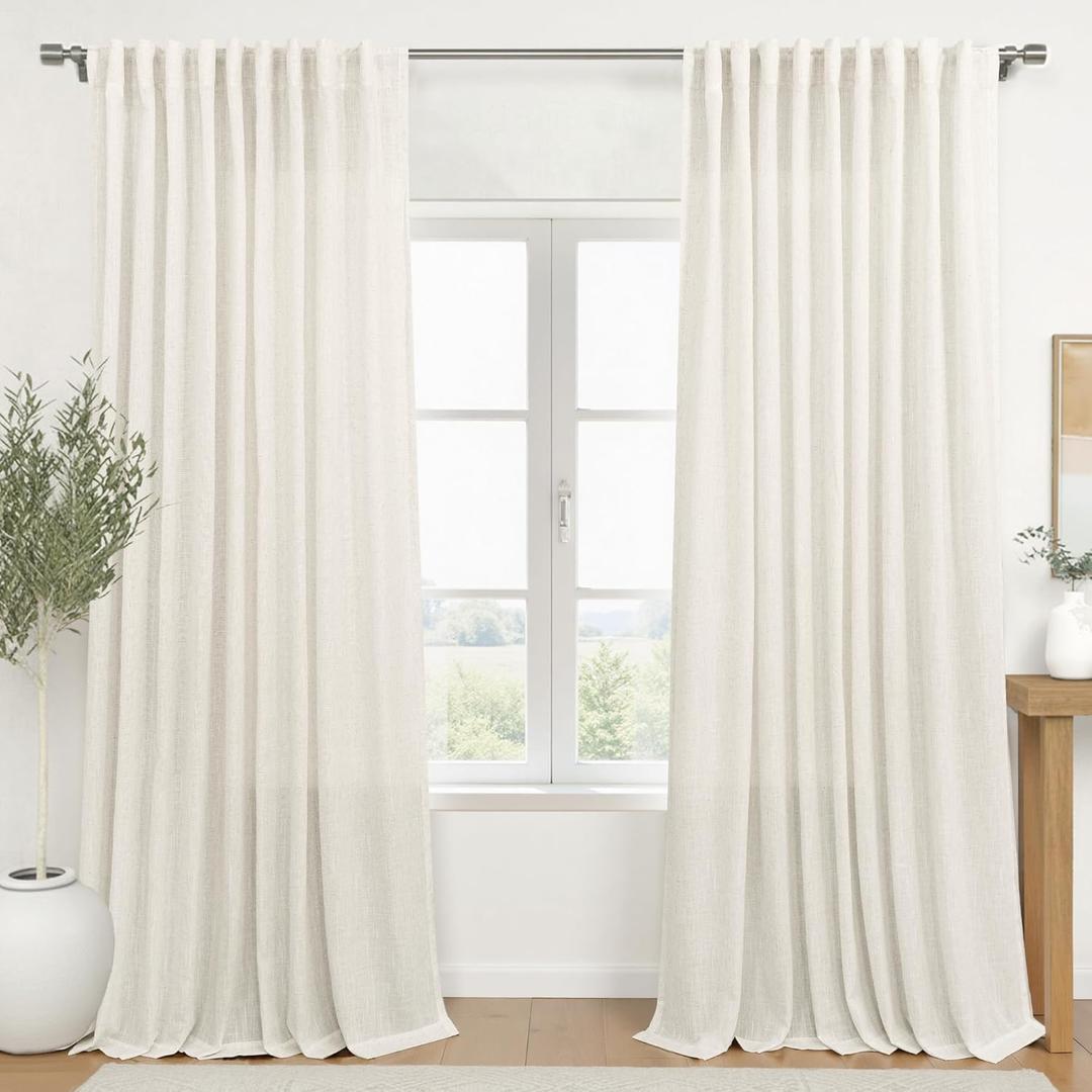KOUFALL Living Room Curtains 72x108 Inches Long,Extra 72 Inch Wide Linen Sheer Pleat Curtain Drapes 108 Inch Length 2 Panels Set,Cream