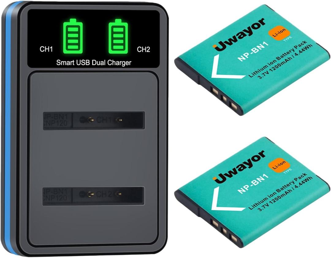 NP-BN1 Battery 2 Pack and Dual Charger for Sony Cyber-Shot DSC-W830 DSC-W800 DSC-W690 DSC-W650 DSC-W570 DSC-W530 DSC-W330 DSC-W310 DSC-TX9 TX10 TX20 TX30 DSC-WX100 DSC-WX200 DSC-QX10 DSC-QX30 and More