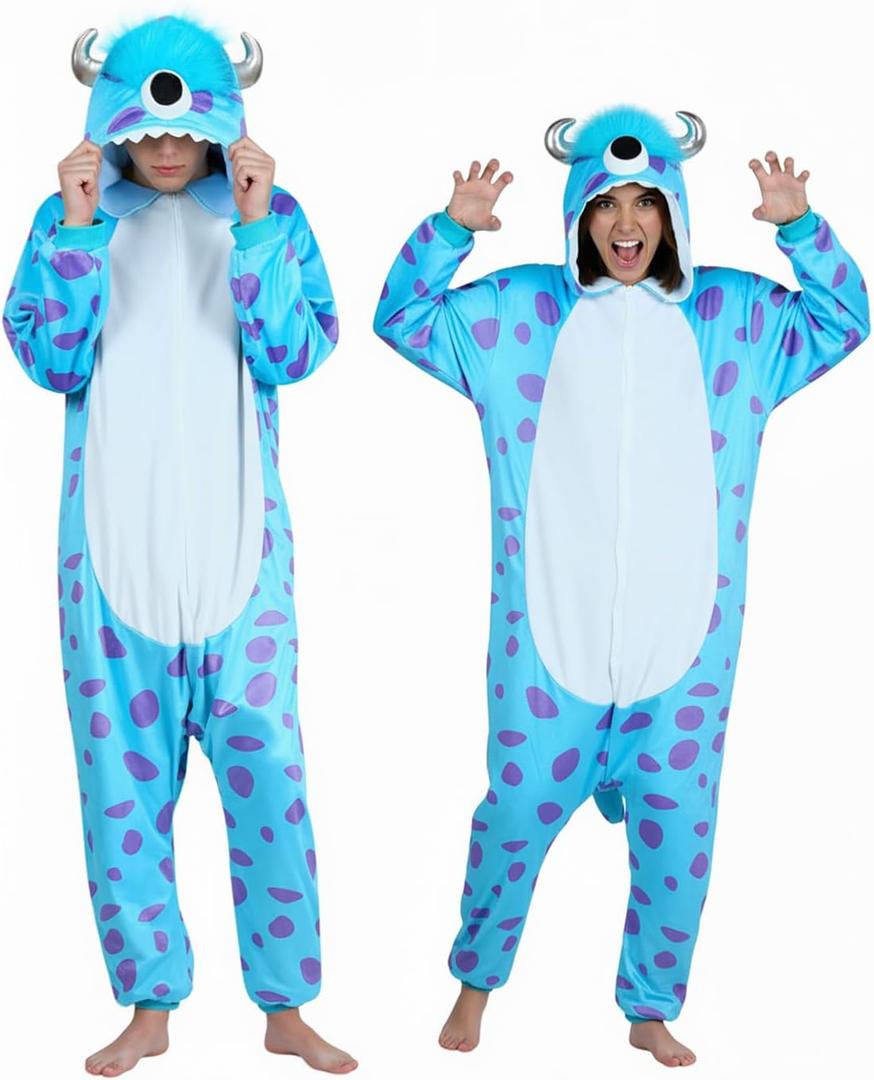 ROC PARTY Novetly Animal Onesie Costume for Unisex Adult - Cozy One Piece Pajamas Sleepwear for Halloween, Cosplay & Parties (Blue Monster, Medium)