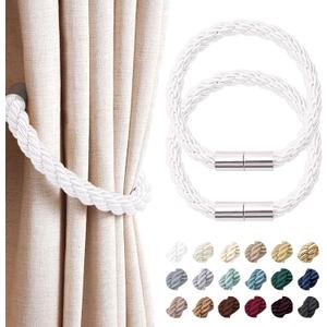 NICEEC 2 Pack Strong Magnetic Curtain Tiebacks Modern Simple Style Drape Tie Backs Convenient Decorative Weave Rope Curtain Holdbacks for Thin or Thick Home & Office Window Draperies (Silver White)