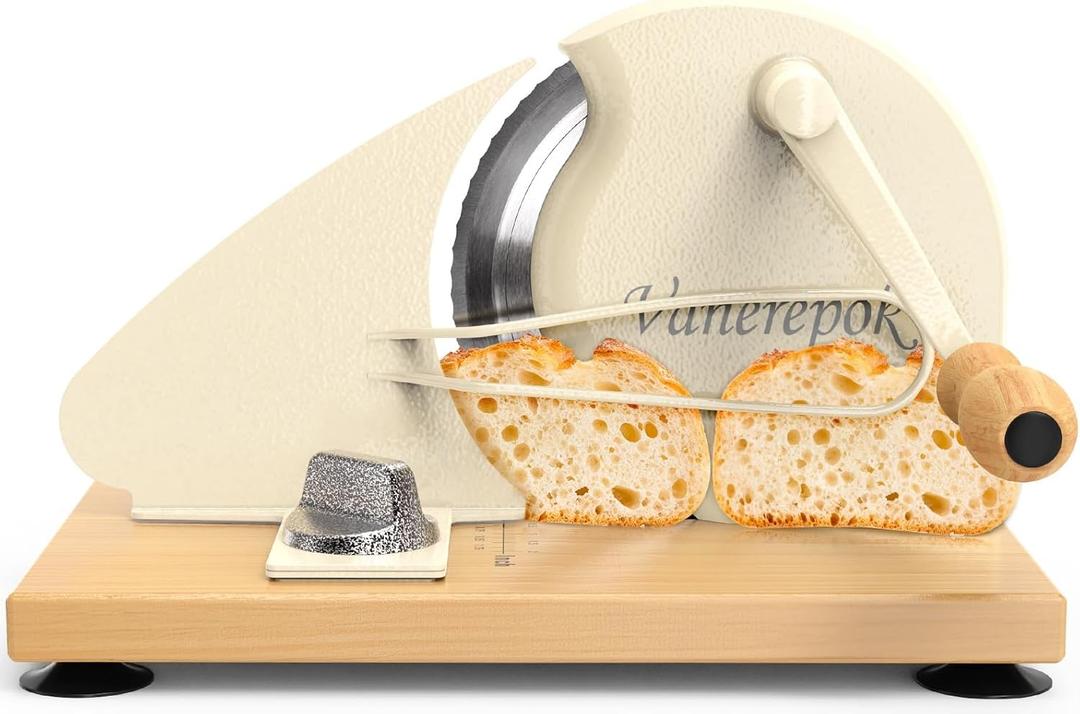 Upgrade Manual Bread Slicer for Homemade Sourdough Bread, Classic Hand Crank Home Bread Slicer With Scale Line and Steel Fence, Sharp Blade, Adjustable Width for Homemade & Commercial Use (Large, White)