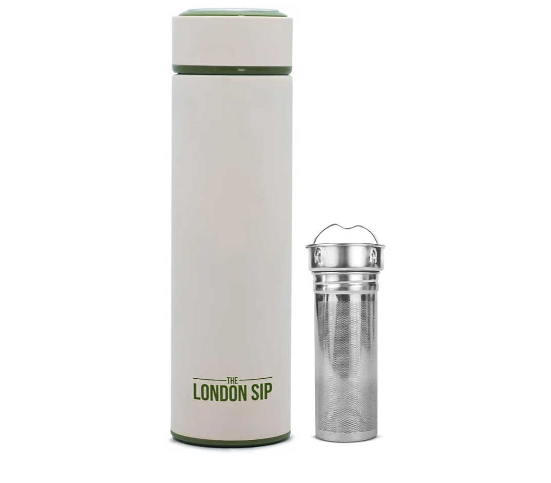 London Sip 16.9 oz Multi-Purpose Tea Infuser Mug – Fruit Infuser Water Bottle for Hot and Cold – Double Wall Stainless Steel Insulated, Safari Beige