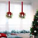 6 Pcs Christmas Kitchen Cabinet Wreaths with Red Velvet Ribbon Small Christmas Wreath Mini Cabinet Wreaths Farmhouse Wreath for Front Door Hanging Porch Wall Window Decor