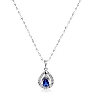 Sapphire Necklace Sterling Silver Teardrop Crystal Cubic Zirconia Necklace Birthstone Pendant Sapphire Jewelry for Women