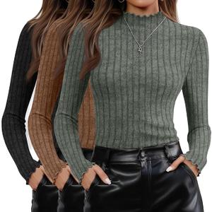 Oakgarden 3 Pack Women's Mock Neck Sweater Long Sleeve Ribbed Knit Slim Fitted Tops Lettuce Trim Lightweight Pullover Sweater(Army Green, Coffee Brown, Black, Large)