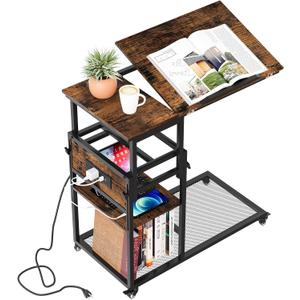 C Shaped Side Table with Adjustable Height & Power Outlet, 35.04 Tall Storage End Table for Living Room, Slide Under Couch Table for Sofa, Bedroom, Rustic Brown