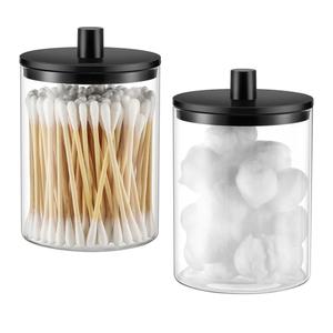 TIPGO Glass Qtip Holder Dispenser - 10 oz Clear Canister Apothecary Jar, Bathroom Vanity Storage Organizer Set for Cotton Swabs, Pads, Floss Picks, Small Containers for Makeup Storage (2 Pack, Black)