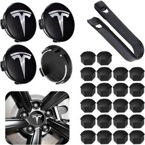 Car Wheel Center Hub Cap Kit with Logo Hubcaps Accessories for TES la Model 3 Model Y 4 Black & Sliver Hub Center Caps + 22 Black Lug Nut Covers (Black&Sliver)